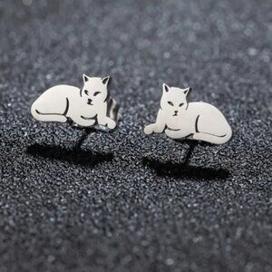Stainless Steel Cat in Repose Stud Earrings in in Silver